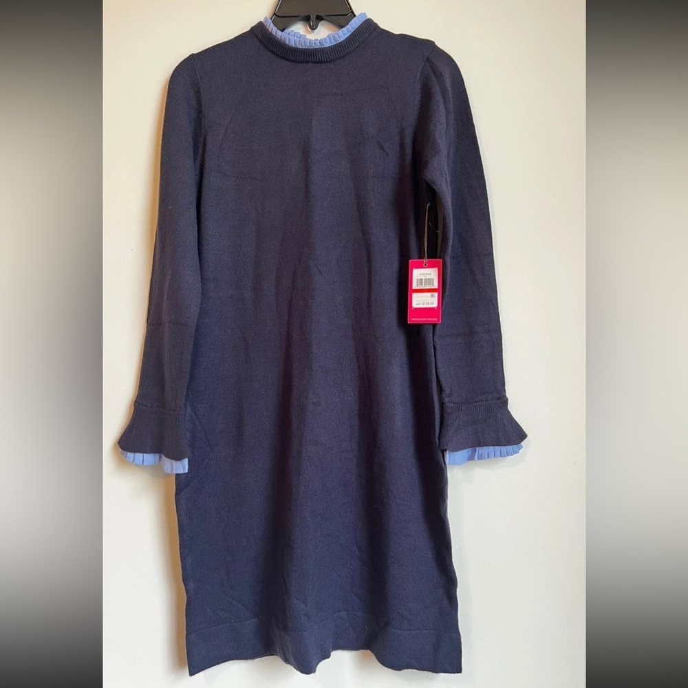 Vince Camuto Womens Navy Blue Mock Neck Ruffle Trim Sweater Dress S NWOT